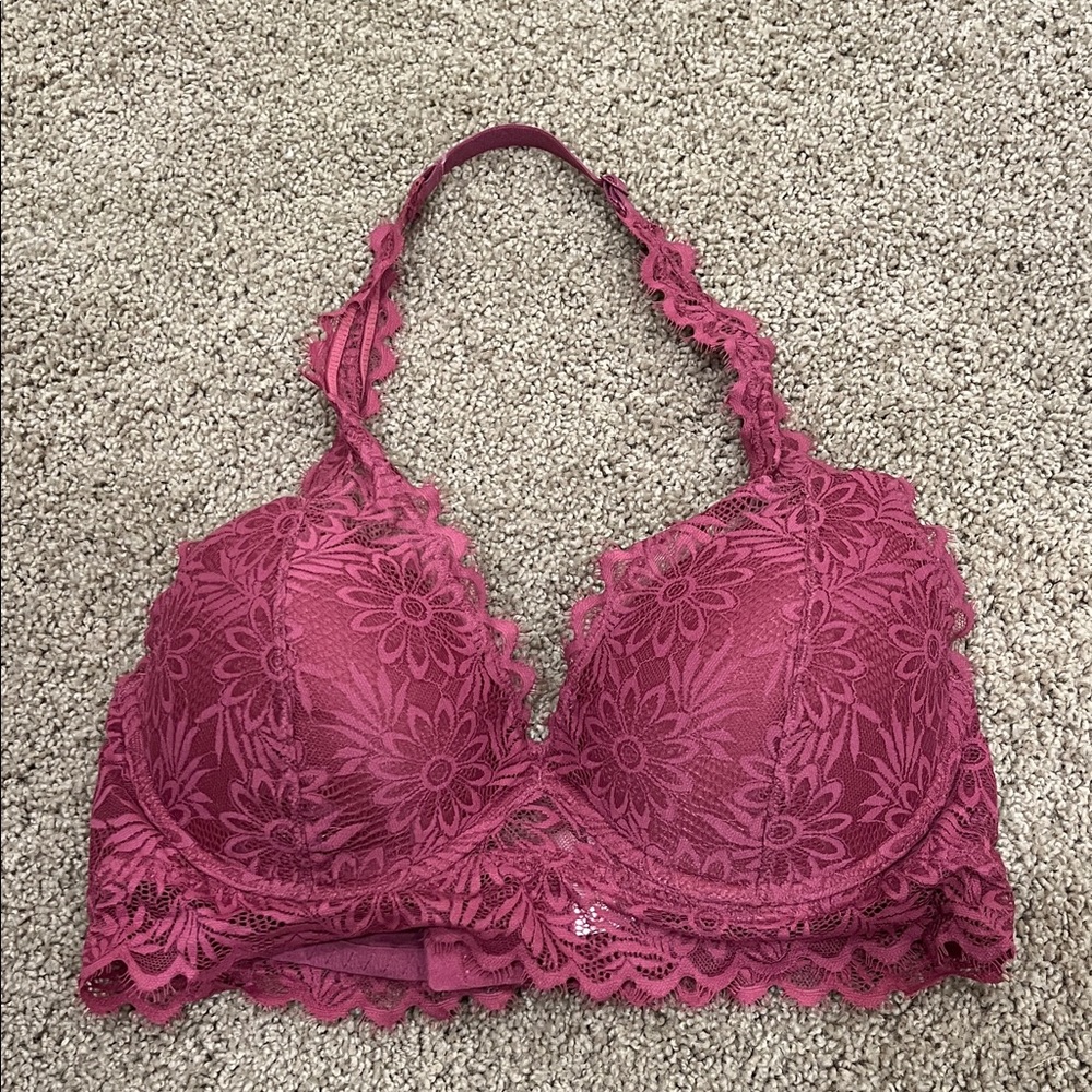 PINK Victoria's Secret Floral Lace Halter Bralette - Dark Pink